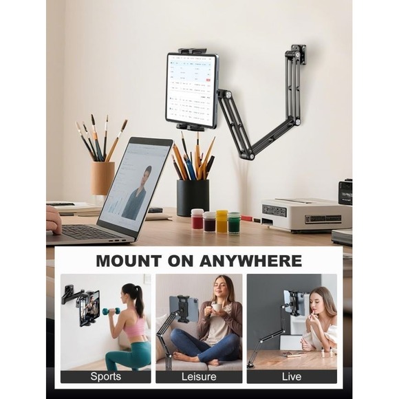Aluminum Phone & Tablet Wall Mount Holder 360 Degree Adjustable Arm Clip - Picture 4 of 13